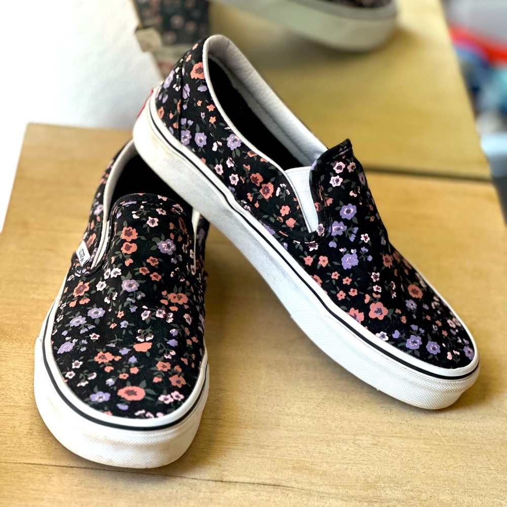 Vans Black Floral Slip Ons